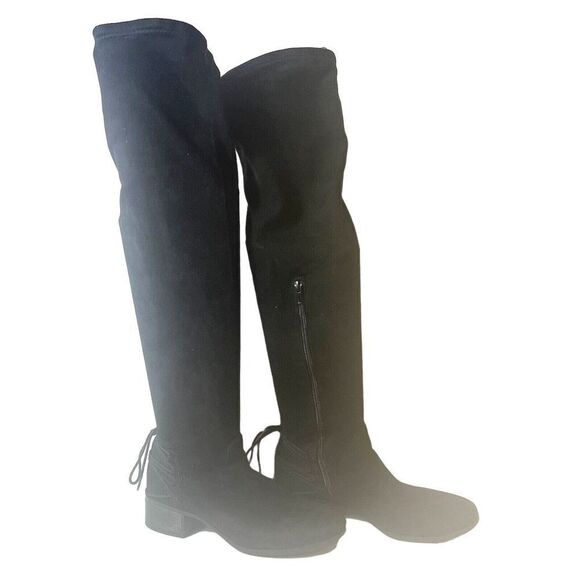 Madden Girl Women 7.5M Black Faux Suede Over The Knee Boots Pull On/Zip Low Heel - Picture 1 of 10